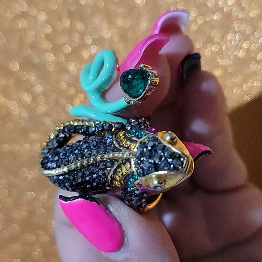 Aldo Bundle Iguana Statement Ring in Black and Gold With Green Serpent Ring